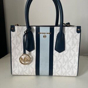Michael Kors Navy & White Satchel – Gold Hardware